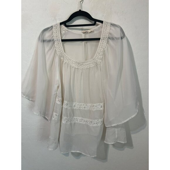Mudd Sz L Cream White Flowy Blouse with Lace Insets See Through - Picture 2 of 7